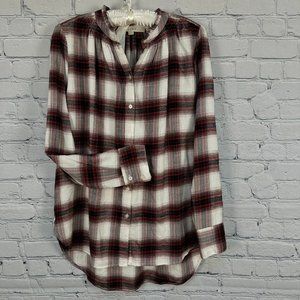 LOFT Long Sleeve Smocked Ruffle Neck Blouse,‎ Size Medium, Red/White Plaid